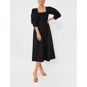 Tuckernuck Poplin Black Cotton Open-Neck Smock Long Dress Size 40 - NWT